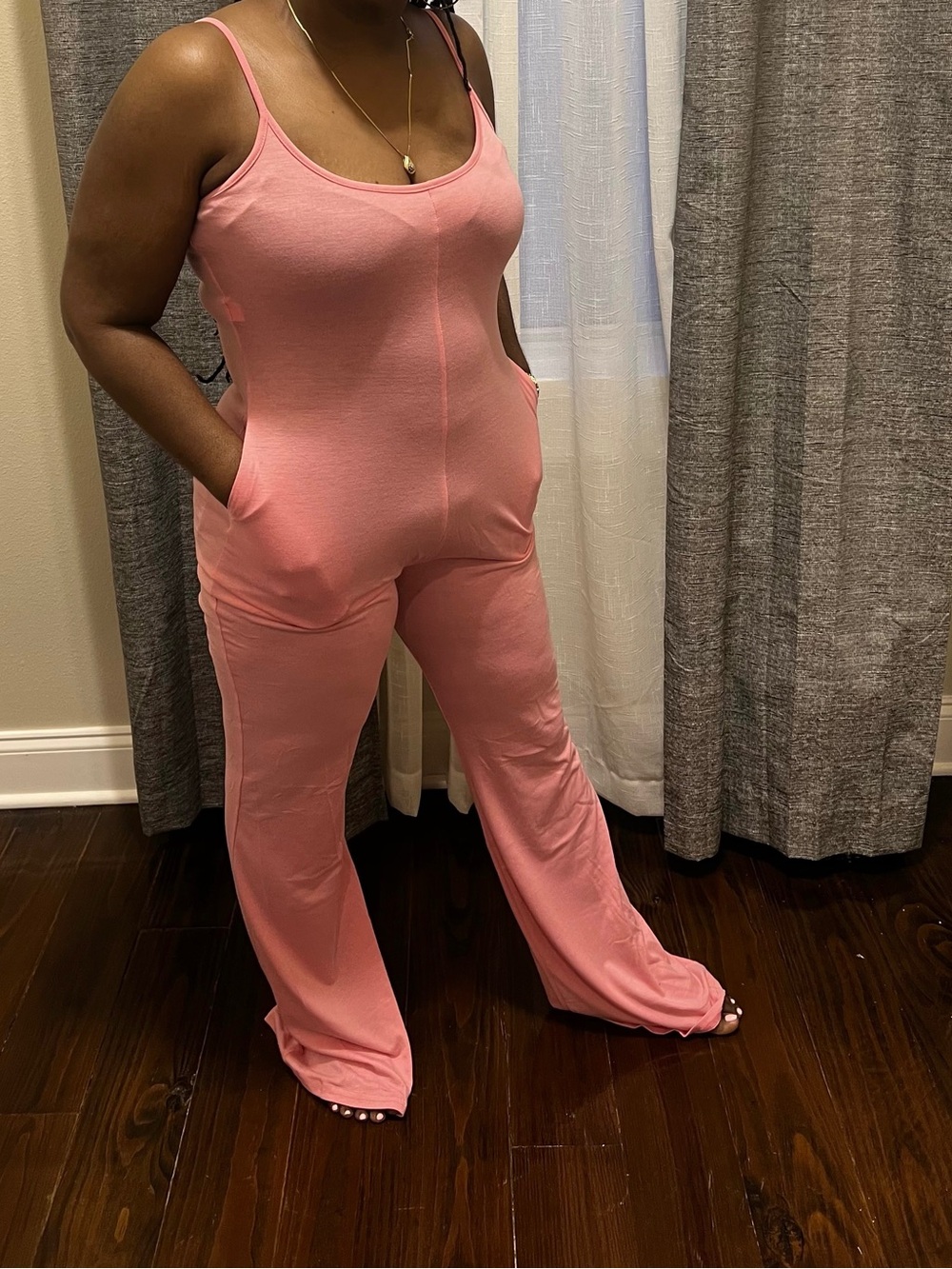 Women's Pink Scoop-Neck Wide-Leg Jumpsuit with Pockets